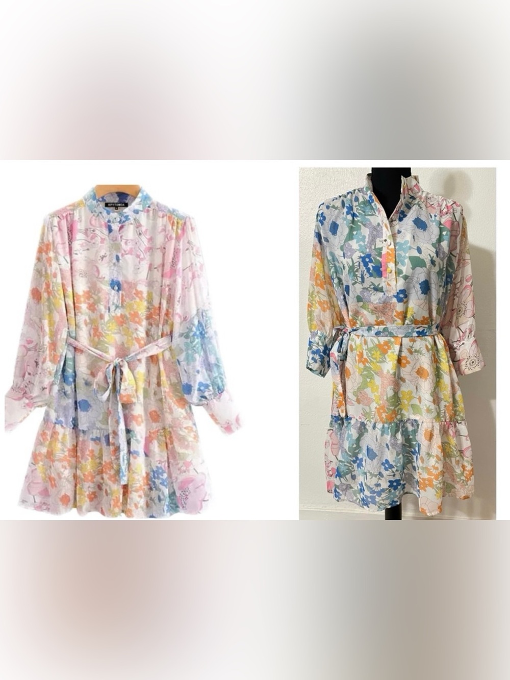 Arthur Jane Claire Belted Mini Dress Womens Size Large Floral Cuff Sleeve Lined